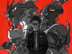  antennae arbok back_spikes black_eyes black_pants black_suit bug cobra_(animal) collared_shirt corbeau_(pokemon) dragon eyewear_strap fangs fins flower forked_tongue glasses greyscale gyarados hand_in_pocket highres long_tongue mask mega_stone monochrome necktie ocha_under pants pokemon pokemon_(creature) pokemon_legends:_z-a red_background red_eyes rose roserade round_eyewear scolipede shirt short_hair snake suit tongue whiskers white_necktie yellow_eyes 