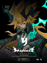  1boy alternate_costume aotu_world black_background black_gloves black_jacket blonde_hair chinese_commentary closed_mouth collared_jacket copyright_name crossed_legs demon_horns ear_piercing earrings english_commentary english_text facial_mark fire flower gem gloves godrose_(aotu_world) green_fire green_gemstone green_shirt grey_pants hair_between_eyes halloween_costume highres horns jacket jewelry long_hair long_sleeves looking_at_viewer male_focus mixed-language_commentary official_art orange_eyes pants piercing pointy_ears qi_chuang_she shirt simple_background sitting slit_pupils solo star_(symbol) turtleneck yellow_eyes 