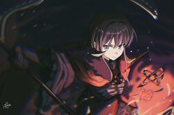  1girl blue_eyes bow brown_hair cape chinese_commentary closed_mouth commentary_request girls_band_cry girls_band_cry_rpg gloves haidao_mao highres holding holding_scythe iseri_nina looking_at_viewer magic red_bow red_cape scythe short_hair solo 