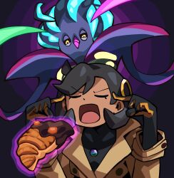  1girl beak black_bodysuit black_hair black_sclera bodysuit bodysuit_under_clothes breasts brown_jacket closed_eyes closed_mouth colored_sclera croissant dark-skinned_female dark_skin emma_(pokemon) fingers_to_head food gloves hair_ornament highres jacket latex malamar man_levitating_pizza_(meme) mega_malamar mega_pokemon mega_stone meme notus_49 open_mouth orange_gloves pokemon pokemon_(creature) pokemon_legends:_z-a short_hair squid telekinesis tentacles two-tone_gloves yellow_eyes 