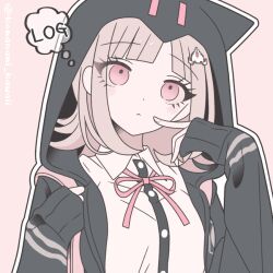  1girl blush breasts brown_hair collared_shirt danganronpa_(series) danganronpa_2:_goodbye_despair flipped_hair hair_ornament hood jacket komanami_kawaii long_sleeves looking_at_viewer medium_hair nanami_chiaki neck_ribbon open_clothes open_jacket pink_eyes pink_ribbon ribbon shirt solo two-tone_shirt white_shirt 