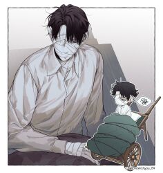  1boy absurdres bandage_over_one_eye bandaged_hand bandaged_head bandages black_hair border collared_shirt hair_between_eyes highres levi_(shingeki_no_kyojin) lovewithyou_159 male_focus multiple_views shingeki_no_kyojin shirt short_hair solo spoken_squiggle squiggle twitter_username under_covers white_border white_shirt 