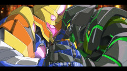  armor clash commentary_request duel embers eye_contact glowing glowing_eyes hanabatake_chaika hanabatake_chaika_(5th_costume) heads_together helesta_armor holding_hands interlocked_fingers letterboxed looking_at_another mecha nijisanji power_armor robot subtitled symmetry tatuya3363 translation_request virtual_youtuber 