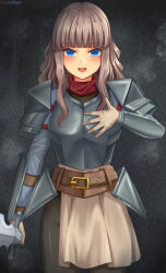 1girl :d armor artist_name bandana bangs belt belt_buckle black_background black_legwear black_pantyhose blue_eyes blunt_bangs blush boobplate breastplate breasts brown_belt brown_gloves brown_hair brown_skirt buckle clothing commission commissioner_upload cowboy_shot female gloves hand_on_chest hand_on_own_chest hand_up headwear holding holding_object holding_sword holding_weapon leather leather_belt legwear long_hair long_sleeves looking_at_viewer lori_hagami medium_breasts neckwear official_art open-mouth_smile open_mouth pantyhose patreon_username pauldron plate_armor red_bandana red_headwear red_neckwear red_scarf reyanna_ryger scarf shoulder_armor sidelocks skirt smile solo standing sword teeth upper_teeth upper_teeth_only username wavy_hair ways_of_darkness_(series) weapon