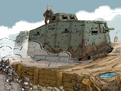  6+boys a7v_(tank) cannon caterpillar_tracks combat_helmet helmet highres military_vehicle motor_vehicle mud multiple_boys on_tank original puddle stahlhelm tank trench wooden_wall yabarn 