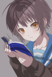  1girl blue_sailor_collar book brown_cardigan cardigan collarbone commentary_request grey_background highres holding holding_book kita_high_school_uniform kuu-dragonknight long_sleeves looking_at_viewer nagato_yuki purple_hair reading sailor_collar school_uniform serafuku short_hair simple_background solo suzumiya_haruhi_no_yuuutsu winter_uniform 
