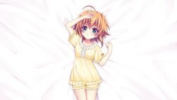 1girl :o ahoge arm_up blue_eyes blush breasts collarbone cowboy_shot dot_nose film_grain frilled_pajamas frills from_above game_cg izumi_tsubasu looking_at_viewer lying non-web_source official_art on_back orange_hair pajamas parted_lips re:stage! shikimiya_mana short_hair short_sleeves small_breasts solo yellow_pajamas 