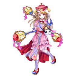  1girl animal_bag bag baizu_(guszx) blush boots breasts brown_hair china_dress chinese_clothes closed_mouth club_(weapon) dress full_body hair_ornament hand_up hat holding holding_club holding_weapon jiangshi leg_up long_hair looking_at_viewer medium_breasts official_art ofuda ofuda_on_head panda panda_bag pantyhose pelvic_curtain pink_dress puffy_short_sleeves puffy_sleeves purple_boots red_eyes red_hat shao_fu_(shironeko_project) shironeko_project shoes short_sleeves sidelocks simple_background smile solo standing standing_on_one_leg tachi-e tareme third-party_source transparent_background very_long_hair weapon white_pantyhose 