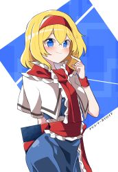  1girl alice_margatroid arm_behind_back blonde_hair blue_dress blue_eyes blush book capelet character_name commentary dress finger_to_cheek grimoire_of_alice hairband highres holding holding_book looking_at_viewer necktie red_hairband sei_(kaien_kien) smile solo square-end_necktie touhou white_capelet wristband 