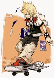  1boy baggy_pants black_jacket black_pants blonde_hair blue_eyes brick_wall falling_paper hair_between_eyes highres holding holding_paper jacket kingdom_hearts kingdom_hearts_ii looking_at_viewer male_focus multiple_boys nu_punxxxz open_clothes open_jacket pants paper popped_collar poster_(object) roxas shoes short_hair skateboard skateboarding smile sneakers solo spiky_hair two-tone_pants white_jacket white_pants wristband 