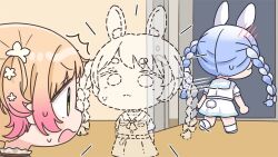  2girls ^^^ animal_ear_fluff animal_ears blue_hair bow braid brown_hair chibi closed_mouth disappearance_outline dotted_line dress flower gradient_hair hair_bow hair_flower hair_ornament hololive indoors long_hair mochimiko momosuzu_nene multicolored_hair multiple_girls open_door pink_hair puffy_short_sleeves puffy_sleeves rabbit_ears rabbit_girl rabbit_tail running short_sleeves small_sweatdrop socks sweat tail twin_braids twintails two-tone_hair usada_pekora usada_pekora_(casual) very_long_hair virtual_youtuber white_bow white_dress white_flower white_hair white_socks 