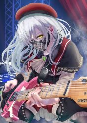  1girl 7-string_guitar ascot bang_dream! bang_dream!_it's_mygo!!!!! black_capelet black_mask black_pantyhose brooch capelet commentary earrings electric_guitar extended_range_guitar green_hair grey_nails guitar highres holding holding_plectrum in-ear_earphones instrument jewelry long_hair mortis_(bang_dream!) mortis_(costume)_(bang_dream!) music nail_polish noir_(nowaru) pantyhose pantyhose_under_shorts playing_guitar playing_instrument plectrum red_shorts shorts sidelocks solo wakaba_mutsumi white_ascot yellow_eyes 