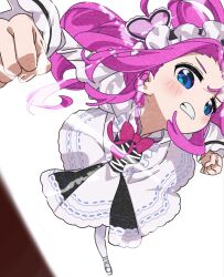  1girl black_dress blue_eyes blurry blurry_foreground blush clenched_teeth cross-laced_clothes cross-laced_top curtained_hair dress floating_hair frilled_dress frilled_hairband frilled_sleeves frills full_body hair_ornament hairband heart heart_hair_ornament highres incoming_attack incoming_punch juliet_sleeves long_hair long_sleeves neck_ribbon pantyhose parted_bangs peachpoison00 perspective pink_hair pink_ribbon puffy_sleeves punching ribbon shikoku_metan shoes sidelocks simple_background solo teeth twintails two-tone_dress utau voicevox white_background white_dress white_hairband white_pantyhose white_shoes wide_sleeves 