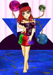  1girl bare_shoulders barefoot black_shirt blue_skirt blush breasts chain clothes_writing collar earth_(ornament) gold_chain green_skirt hand_on_own_hip heart hecatia_lapislazuli kams large_breasts looking_at_viewer miniskirt moon_(ornament) multicolored_skirt nose_blush off-shoulder_shirt off_shoulder open_mouth plaid_clothes plaid_skirt posing red_eyes red_hair red_skirt shirt skirt solo t-shirt touhou underworld_(ornament) 