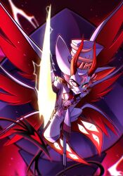  1boy blonde_hair bow bowtie chandllucky circle_facial_mark colored_sclera colored_skin commentary demon_horns demon_tail english_commentary epaulettes hat hazbin_hotel hellaverse highres holding horns lucifer_morningstar_(hazbin_hotel) male_focus multiple_wings pants pink_vest red_sclera sharp_teeth short_hair slit_pupils solo tail tailcoat teeth top_hat vest white_hat white_pants white_skin wings yellow_eyes 