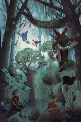  1boy 1girl absurdres backpack bag bike_shorts bike_shorts_under_shorts black_pants black_shirt bracelet brendan_(pokemon) bright_pupils brown_hair building clenched_hand closed_mouth commentary_request fanny_pack flying forest fortree_city full_body grass hairband hat highres house in-universe_location ivy jewelry ladder latias latios leaf light_particles luna_mokamoka may_(pokemon) mega_ring mega_stone mudkip nature open_mouth outdoors pants plant pokemon pokemon_(creature) pokemon_oras red_eyes red_hairband red_shirt shirt shoes short_hair short_sleeves shorts sitting sleeveless sleeveless_shirt smile standing torchic tree vines white_hat white_pupils white_shoes white_shorts wingull yellow_eyes |_| 