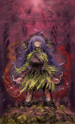  1girl 2b-ge angry apron aura black_apron breasts chinese_commentary dark_aura death dress hair_over_eyes haniyasushin_keiki headscarf highres holding_tool jewelry long_hair magatama magatama_necklace medium_breasts necklace object_in_pocket one-hour_drawing_challenge pocket tools torn_clothes touhou yellow_dress yellow_headscarf 