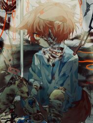  1boy animal_ears bandage_on_neck bandage_over_one_eye bandaged_arm bandages blood blood_bag chain crayon fox_boy fox_ears fox_tail freckles frown highres holding holding_crayon horror_(theme) hospital_gown indie_virtual_youtuber piyopiyomaru_(piyopiyomaru_0) pole red_eyes red_hair red_tail sitting sleepyxah_(vtuber) solo tail wristband 