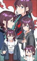  1girl :3 absurdres black_jacket blue_eyes blue_hair blue_haori blue_jacket blue_sweater brown_hair chinese_commentary commentary_request girls_band_cry gradient_hair haidao_mao hair_between_eyes haori highres iseri_nina jacket japanese_clothes kuuhaku_to_catharsis long_sleeves looking_at_viewer low_twintails multicolored_hair multiple_views open_clothes open_jacket open_mouth pinky_out red_shirt red_skirt shikai_no_sumi_kuchiru_oto shirt shirt_tucked_in short_hair short_twintails skirt sweater twintails white_shirt 