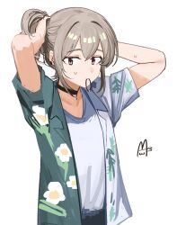  1girl animal_ears arms_up black_choker chinese_commentary choker commentary_request girls_band_cry grey_eyes grey_hair haidao_mao hair_tie hair_tie_in_mouth highres jacket kawaragi_momoka long_hair looking_at_viewer mouth_hold shirt simple_background solo sweatdrop tying_hair white_background white_shirt 