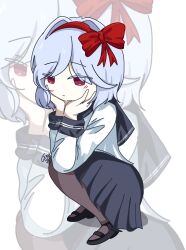  black_shoes black_souls blue_hair blue_skirt blue_wrist_cuffs bow brown_pantyhose faydee hair_over_eyes hands_on_own_cheeks hands_on_own_face headband highres light_blush long_sleeves looking_at_viewer pantyhose pink_eyes red_bow red_headband sailor shirt shoes short_hair signature skirt snow_white_(black_souls) white_background white_shirt wrist_cuffs 