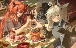  4girls ahoge arknights bagpipe_(arknights) blueberry booth_seating bow bread cake character_request choker coffee food fruit gloves grey_hair grey_shirt hair_bow hair_intakes heart heart_hands heart_hands_duo highres ice_cream indoors jewelry lemon lemon_slice lime_(fruit) lime_slice multiple_girls necklace one_side_up open_mouth orange_hair pancake pancake_stack parfait ponytail red_eyes restaurant sanmu shirt shorts single_glove skadi_(arknights) skadi_(the_next_afternoon_tea)_(arknights) soup spoon steak strawberry sweater syrup turtleneck turtleneck_sweater violet_eyes white_bow white_hair window_shadow 