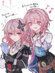  2girls alternate_hairstyle braid choker dress earrings evernight_(honkai:_star_rail) flower gloves highres honkai:_star_rail honkai_(series) jewelry long_hair march_7th_(honkai:_star_rail) march_7th_(preservation)_(honkai:_star_rail) medium_hair mirror_selfie multiple_girls nonoko_(1k6sx1encx45226) pink_eyes pink_hair red_eyes selfie shirt single_earring skirt smile tongue tongue_out twin_braids very_long_hair 