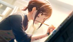  1girl apron blurry brown_apron brown_eyes brown_hair canvas_(object) colorful_palette colors_of_pure_sense_(project_sekai) depth_of_field easel grey_sweater grin highres holding holding_paintbrush paint_splatter paint_splatter_on_face paintbrush painting_(action) ponytail project_sekai reflection shinonome_ena sidelocks sleeves_rolled_up smile solo sweater swept_bangs third-party_source upper_body 