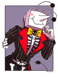  1boy ant_tenna arm_up black_pants black_shirt blush_stickers border bow bowtie commentary crt deltarune electric_plug electric_plug_tail english_commentary gloves heart highres long_nose male_focus object_head outline outside_border pants pinstripe_pattern pipispaints pointy_nose radio_antenna shirt single_blush_sticker skeleton_print smile solo tail tailcoat twitter_username utdr_(toby_fox) white_border white_gloves white_outline yellow_bow yellow_bowtie 