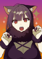  1girl absurdres animal_ear_fluff animal_ears black_hair black_shirt chihara_mai commentary_request fur_trim fur_wrist_cuffs gradient_background halloween hands_up highres jirai_nan_desu_ka?_chihara-san kemonomimi_mode looking_at_viewer open_mouth red_eyes red_nails ryon_(ryonhei) second-party_source shirt solo sparkle_background teeth upper_body upper_teeth_only werewolf_costume wolf_ears wolf_girl wrist_cuffs 