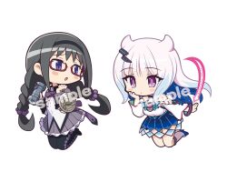  2girls :o akemi_homura anime_coloring argyle_clothes argyle_footwear arrow_(symbol) back_bow bare_shoulders black_boots black_capelet black_hair black_hairband blue_corset blue_hair blue_shirt blue_shoes blue_skirt blunt_bangs blush_stickers bomb boots bow bowtie bracelet braid capelet chibi circle_skirt clenched_hand clothing_cutout collared_capelet colored_inner_hair commentary_request corset curious diamond_cutout dress empty_eyes eternal_sakura explosive eyelashes frilled_skirt frills gecchu gem glasses hair_bobbles hair_horns hair_ornament hairband hairclip halter_shirt halterneck hand_jewel high_collar high_heel_boots high_heels highres holding holding_bomb jewelry jitome jumping kneehighs layered_shirt layered_sleeves long_hair long_sleeves looking_at_another low_twin_braids magia_record:_mahou_shoujo_madoka_magica_gaiden magical_girl mahou_shoujo_madoka_magica mahou_shoujo_madoka_magica_(anime) merchandise_available miniskirt multicolored_hair multiple_girls nervous off-shoulder_shirt off_shoulder official_style open_mouth parted_lips patterned_hair pipe_bomb pleated_skirt power_symbol purple_bow purple_bowtie purple_gemstone purple_pupils purple_skirt raised_inner_eyebrows red-framed_eyewear sample_watermark shield shirt shoes short_dress sidelocks simple_background skirt skirt_under_dress socks space striped_clothes striped_skirt thigh_boots tsurime twin_braids two-tone_hair vertical-striped_clothes vertical-striped_skirt very_long_hair violet_eyes watermark wavy_hair white_background white_dress white_hair white_shirt white_socks wide_sleeves 