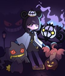  1girl banette belt black_dress black_shoes blue_gloves bob_cut chandelure coat dress full_body gengar gloves gourgeist gwynn_(pokemon) hat highres hiwori looking_at_viewer open_clothes open_coat pantyhose partially_fingerless_gloves pokemon pokemon_(creature) pokemon_legends:_z-a purple_hair shoes short_hair standing violet_eyes white_coat 