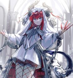  1girl absurdres chain colored_extremities commentary_request cowboy_shot cuffs dragon_girl dragon_horns dress elizabeth_bathory_(avenger)_(fate) elizabeth_bathory_(fate) fate/grand_order fate_(series) fishnets_over_socks grey_eyes highres horns looking_at_viewer red_hair solo sugomori_tsuru_(hana_tsuru_wo) thigh-highs two_side_up veil white_dress white_headdress white_thighhighs white_veil 