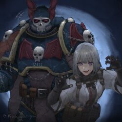 1boy 1girl adeptus_astartes armor black_gloves blue_armor blue_helmet chain claw_pose commentary crossover diao_guo_yu english_commentary facing_viewer girls_frontline gloves grey_hair helmet highres jacket medium_hair night_lords open_mouth pauldrons power_armor roman_numeral rpk-16_(girls&#039;_frontline) shoulder_armor size_difference skull twitter_username violet_eyes warhammer_40k white_hair white_jacket winged_helmet winged_skull 