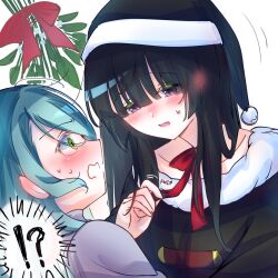  !? 2girls aqua_hair bang_dream! black_coat black_hair black_hat blush coat collar ear_blush eye_contact green_eyes hand_blush hat highres hikawa_sayo hime_cut long_hair looking_at_another multiple_girls non-web_source nose nose_blush open_mouth purple_collar purple_sweater red_ribbon ribbon santa_costume santa_hat shirokane_rinko simple_background surprised sweater violet_eyes white_background yuri zevi_(zevi_ii) 