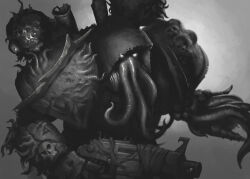  1other adeptus_astartes armor bolter chaos_(warhammer) chaos_space_marine demon greyscale highres looking_at_viewer monochrome monster monster_focus nikita_kapitunov power_armor solo tentacles warhammer_40k weapon 