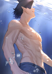  1boy abs absurdres beam_(chainsaw_man) black_hair chainsaw_man commentary_request highres male_focus navel nipples pants pectorals shark_boy shark_fin shark_head short_hair solo teeth toned toned_male topless_male uiuiui_mocchi underwater upper_teeth_only 