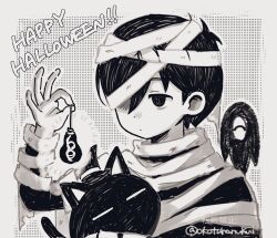  1boy animal antenna_hair artist_name black_eyes black_hair cat closed_mouth colored_skin double-parted_bangs expressionless hair_between_eyes happy_halloween highres holding holding_animal light_bulb male_focus mewo mummy_costume okotahanukui omori omori_(omori) short_hair solo something_(omori) twitter_username upper_body white_skin 