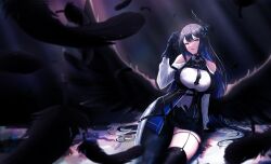 1girl asymmetrical_horns asymmetrical_legwear bare_shoulders bird black_feathers black_hair black_wings blue_hair breasts collared_shirt cowboy_shot crow ellier23 feathered_wings feathers flower garter_straps highres hololive hololive_english horn_flower horns large_breasts long_hair looking_at_viewer mismatched_legwear mole mole_under_eye multicolored_hair nerissa_ravencroft nerissa_ravencroft_(1st_costume) open_mouth pantyhose red_eyes shirt single_leg_pantyhose single_thighhigh sitting skirt solo thigh-highs two-tone_hair uneven_horns very_long_hair virtual_youtuber white_shirt wings 