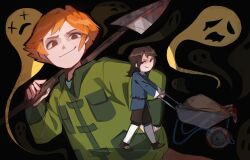  1boy 1girl abaddon_(haunted_hotel) abaddon_(human)_(haunted_hotel) black_background blood blue_coat brown_eyes brown_hair coat commentary dreamovna esther_freeling ghost green_coat hand_on_own_hip haunted_hotel highres holding holding_shovel implied_murder looking_at_viewer orange_hair red_eyes sack short_hair shovel simple_background walking wheelbarrow 