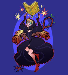  1girl barefoot black_headscarf black_hood blonde_hair blue_background book crying d: detached_hood dress dungeon_meshi ear_covers fur-trimmed_dress fur_dress fur_trim green_eyes headscarf highres lace-trimmed_headwear lace-trimmed_hood lace_trim long_hair marcille_donato marcille_donato_(lord) nokonyu open_book red_pupils simple_background solo staff star_(symbol) tearing_up 