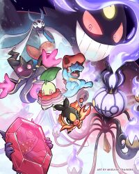  banette black_eyes chandelure chikorita colored_skin cosplay crocodilian emboar fangs feraligatr froslass gengar green_skin halloween highres kelvin-trainerk leaf mega_banette mega_chandelure mega_emboar mega_emboar_(cosplay) mega_feraligatr mega_feraligatr_(cosplay) mega_froslass mega_gengar mega_meganium mega_meganium_(cosplay) mega_sableye meganium no_humans orange_skin pig pokemon pokemon_(creature) pokemon_focus red_eyes sableye starter_pokemon_trio tepig totodile 