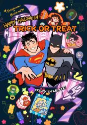  1girl 6+boys aquaman_(dc) aquaman_(series) arm_around_shoulder arms_up batman batman_(series) batman_symbol belt black_cape black_hair blonde_hair blue_bodysuit bodysuit briefs candy cape character_name closed_eyes commentary cowl dc_comics english_commentary eye_mask fish food gloves green_gloves green_lantern green_lantern_(series) grey_bodysuit grin gummy_bear halloween heart holding male_focus male_underwear mask multiple_boys outstretched_arm outstretched_hand red_cape robin_(dc) short_hair smile superhero_costume superman superman_(series) superman_logo teeth the_flash the_flash_(series) tiara underwear v wonder_woman wonder_woman_(series) xxsanwenyu yellow_belt 