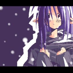  1girl archived_source asami_natsuhito black_cloak black_eyes black_sleeves blue_background blue_hair cloak jaggy_lines letterboxed light_frown long_hair lowres no_sclera original pointy_ears single_tear snowing solo straight_hair turtleneck turtleneck_cloak upper_body 