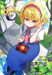  2girls :/ ahoge alice_margatroid apron arm_support blonde_hair blue_dress blue_eyes book book_on_lap breast_curtains commentary doll dress floating frilled_hairband frills grimoire_of_alice hair_between_eyes hairband highres long_dress looking_at_viewer multiple_girls plant playing_with_own_hair puffy_short_sleeves puffy_sleeves red_hairband shanghai_doll shirt short_sleeves touhou tsumikitsuki_(katsuobushi) twitter_username v-shaped_eyebrows vines white_apron white_shirt 
