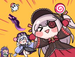  ahoge alterkero black_bonnet blush_stickers bonnet candy chibi chips_(food) closed_eyes dress echidna_(last_origin) eyepatch fake_horns food frilled_bonnet frills gloves gothic_lolita hair_ribbon highres horns last_origin lolita_fashion lollipop long_hair low_twintails lrl_(last_origin) night_angel_(last_origin) official_alternate_costume potato_chips purple_hair red_hair ribbon sheet_ghost simple_background soulworker stella_unibell swirl_lollipop twintails two_side_up very_long_hair yellow_eyes 