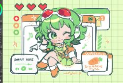  1girl :3 art_program_in_frame blush boots chibi closed_mouth cursor goggles goggles_on_head green_eyes green_hair green_skirt green_tube_top grimruu gumi gumi_(v3_megpoid) headphones heart jacket looking_at_viewer one_eye_closed orange_boots orange_jacket pixel_heart red-tinted_eyewear red_goggles short_hair_with_long_locks skirt smile solo song_name strapless tinted_eyewear tube_top user_interface vocaloid window_(computing) 