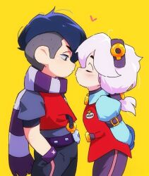  1boy 1girl annabird2520 arms_behind_back black_hair blush brawl_stars closed_eyes colette_(brawl_stars) couple edgar_(brawl_stars) hands_in_pockets heart imminent_kiss juliet_sleeves long_sleeves non-web_source puffy_sleeves scarf striped_clothes striped_scarf undercut vest white_hair yellow_background 