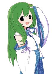  1girl :d bare_shoulders black_eyes blue_skirt breasts collared_shirt detached_sleeves dot_nose double-parted_bangs frog_hair_ornament green_hair hair_ornament hair_tubes kochiya_sanae light_blush long_hair long_sleeves looking_at_viewer maguro_(mawaru_sushi) medium_breasts open_mouth patterned_clothing print_skirt shirt simple_background single_hair_tube single_sidelock skirt skirt_set sleeveless sleeveless_shirt sleeves_past_fingers sleeves_past_wrists smile solo touhou upper_body white_background wide_sleeves 