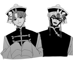  2boys black_hat black_robe cropped_torso dandadan dual_persona earrings enjoji_jin evil_eye_(dandadan) facial_mark greyscale hat jewelry jiangshi_costume light_smile looking_at_viewer male_focus monochrome multiple_boys ofuda ofuda_on_head open_mouth parted_bangs qingdai_guanmao robe rotomem short_hair sleeves_past_fingers sleeves_past_wrists third_eye white_background 
